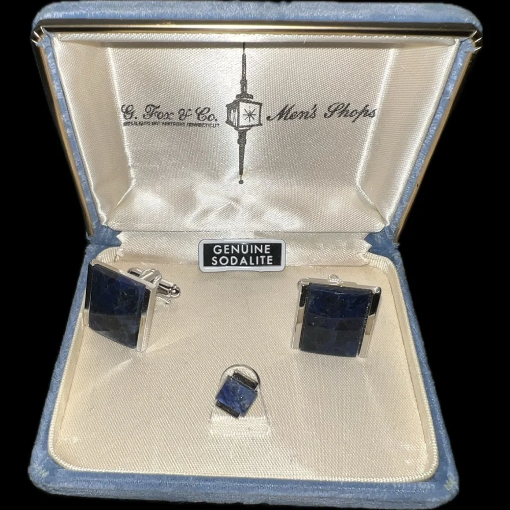 🔹Vintage Set of Genuine Sodalite Cufflinks & Matching Tie Tack — Blue / Silver